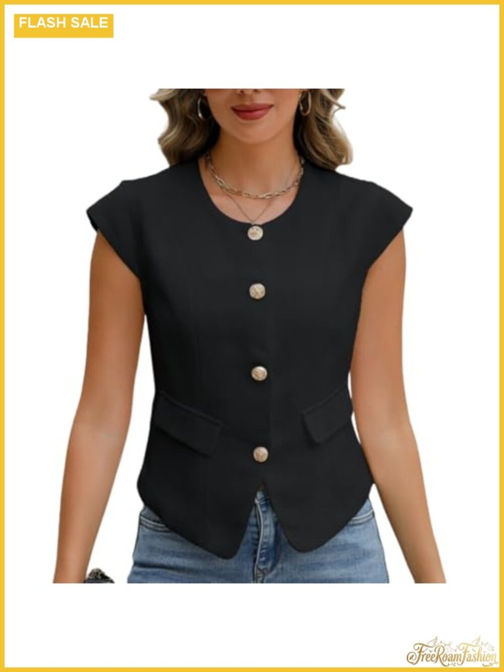 Sleeveless Tweed Blazer Vest Metal Button Business Work Waistcoat